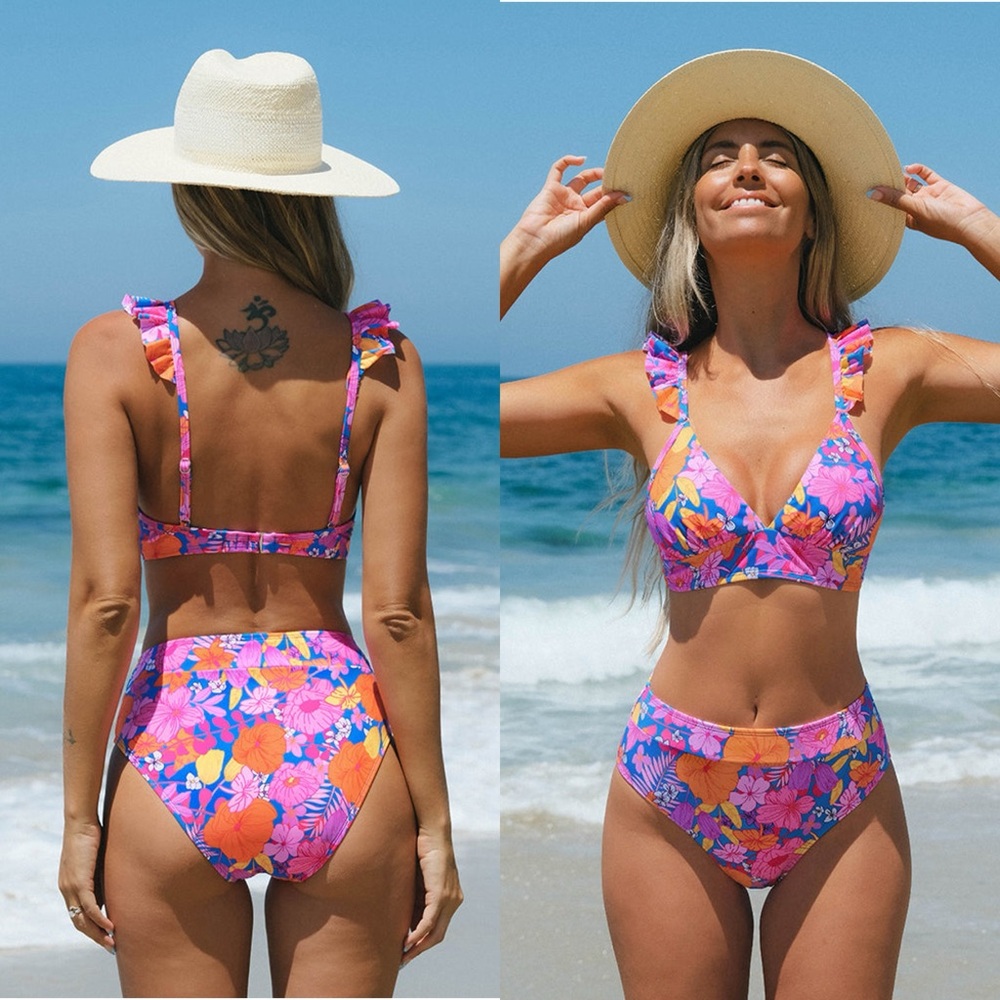 NWT Floral Ruffled Bralette & High‎ Waist Bikini Set SIZE MEDIUM
